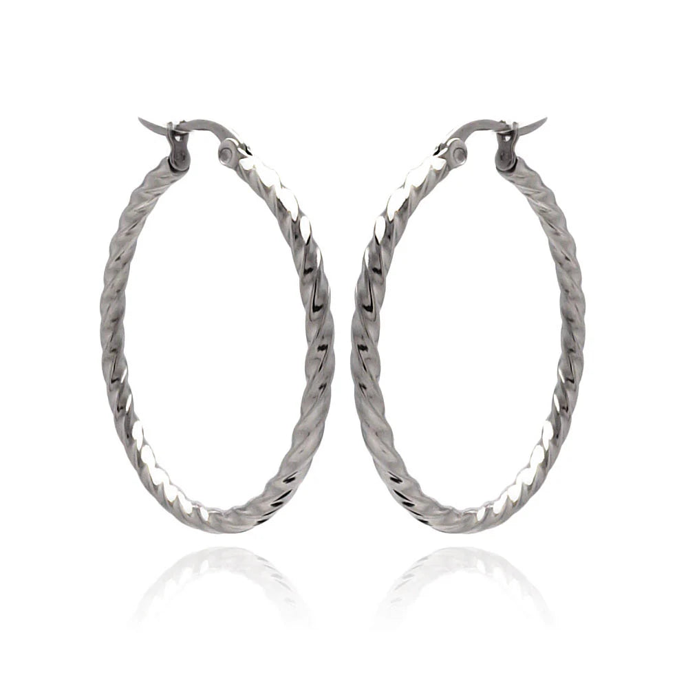 Stainless Steel Rhodium Plated Twisted Hoop Earrings