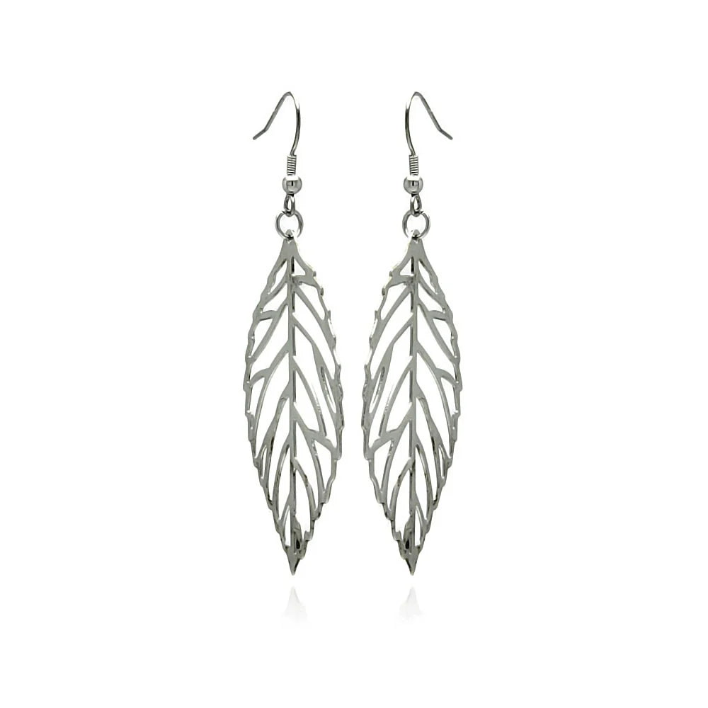 Stainless Steel Rhodium Plated Leaf Cut Out Dangle Earrings