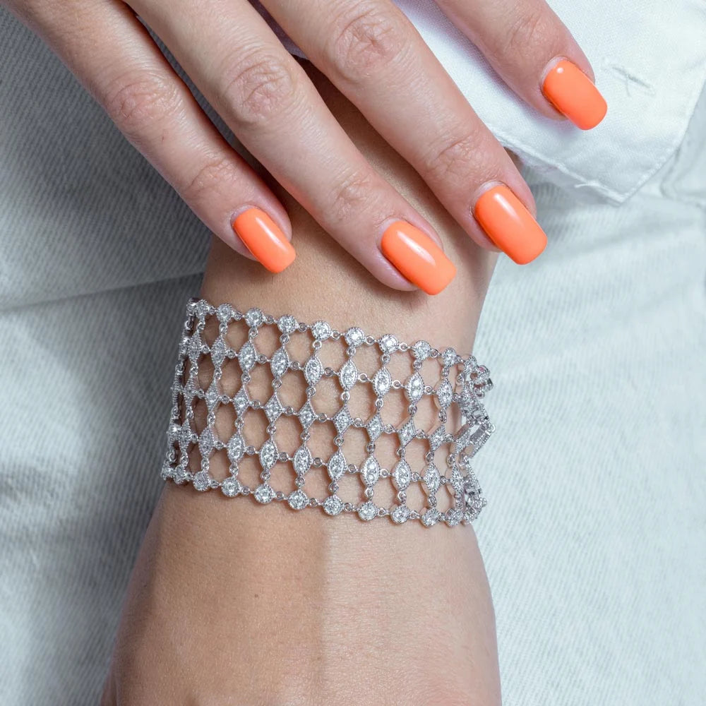 925 Silver Rhodium Plated Round Clear CZ Net Bracelet