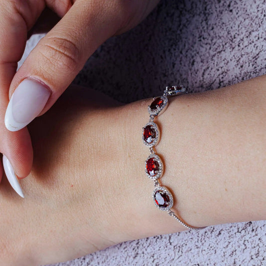 925 Sterling Silver Rhodium Plated 5 Micro Pave Red Oval and Clear Round CZ Lariat Bracelet