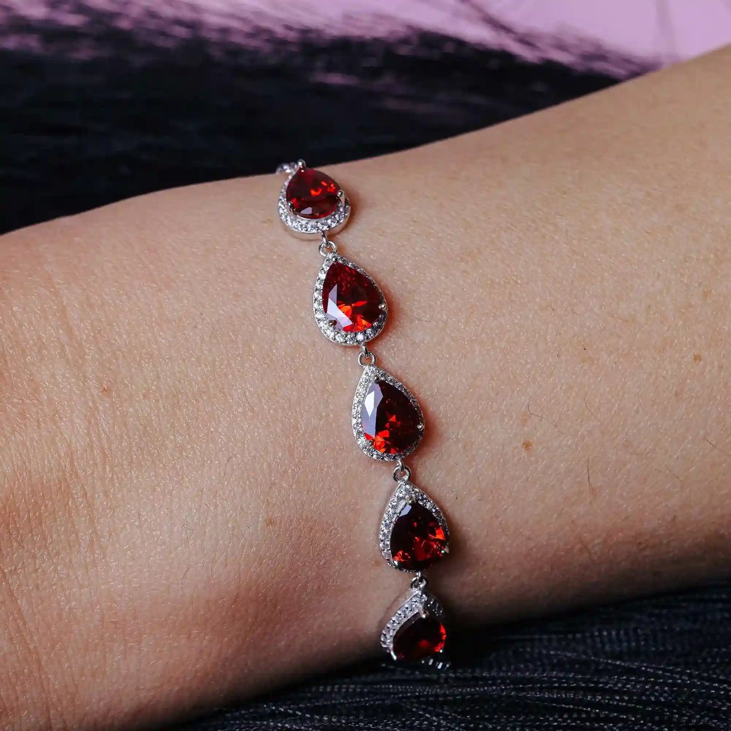 925 Sterling Silver Rhodium Plated 5 Micro Pave Red Pear and Clear Round CZ Lariat Bracelet