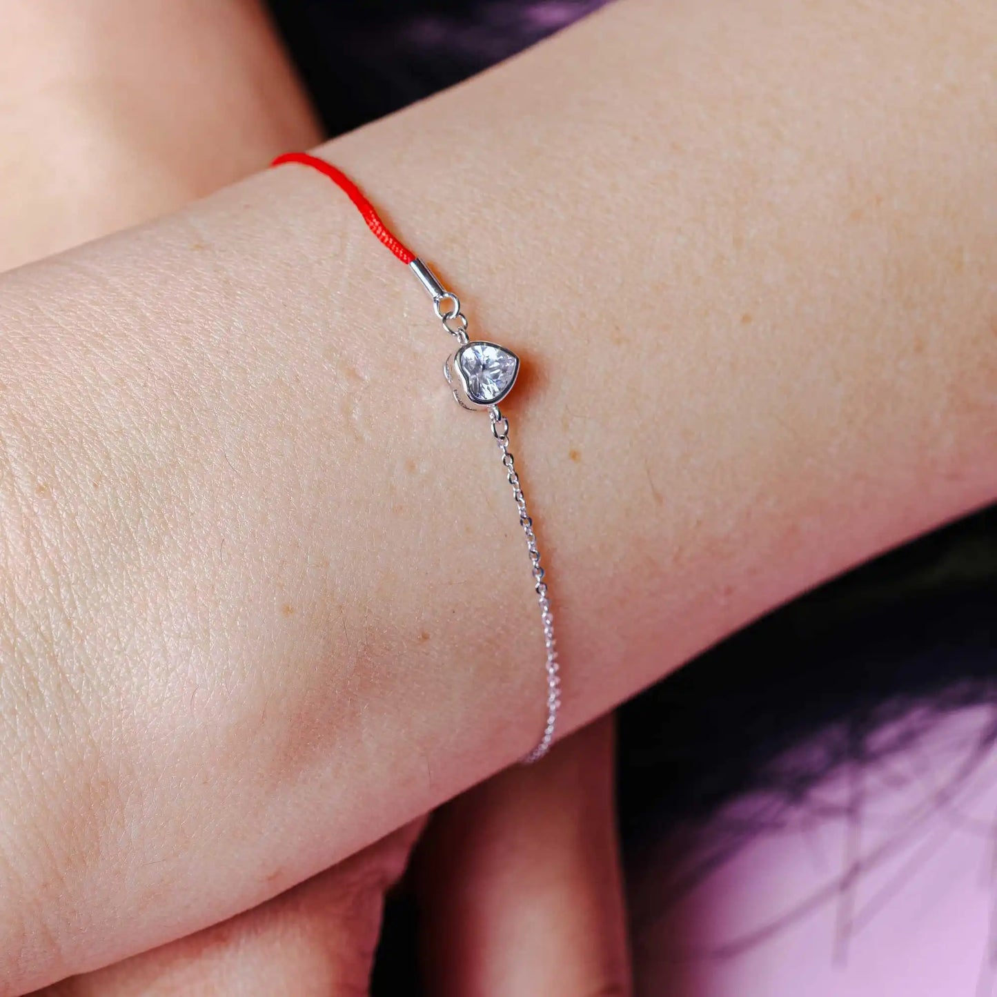 925 Sterling Silver Rhodium Plated Single Heart CZ Red Cord Bracelet