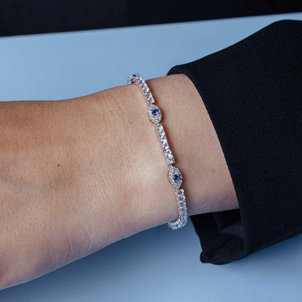 925 Sterling Silver Rhodium Plated 5mm Evil Eye Link CZ Tennis Bracelet