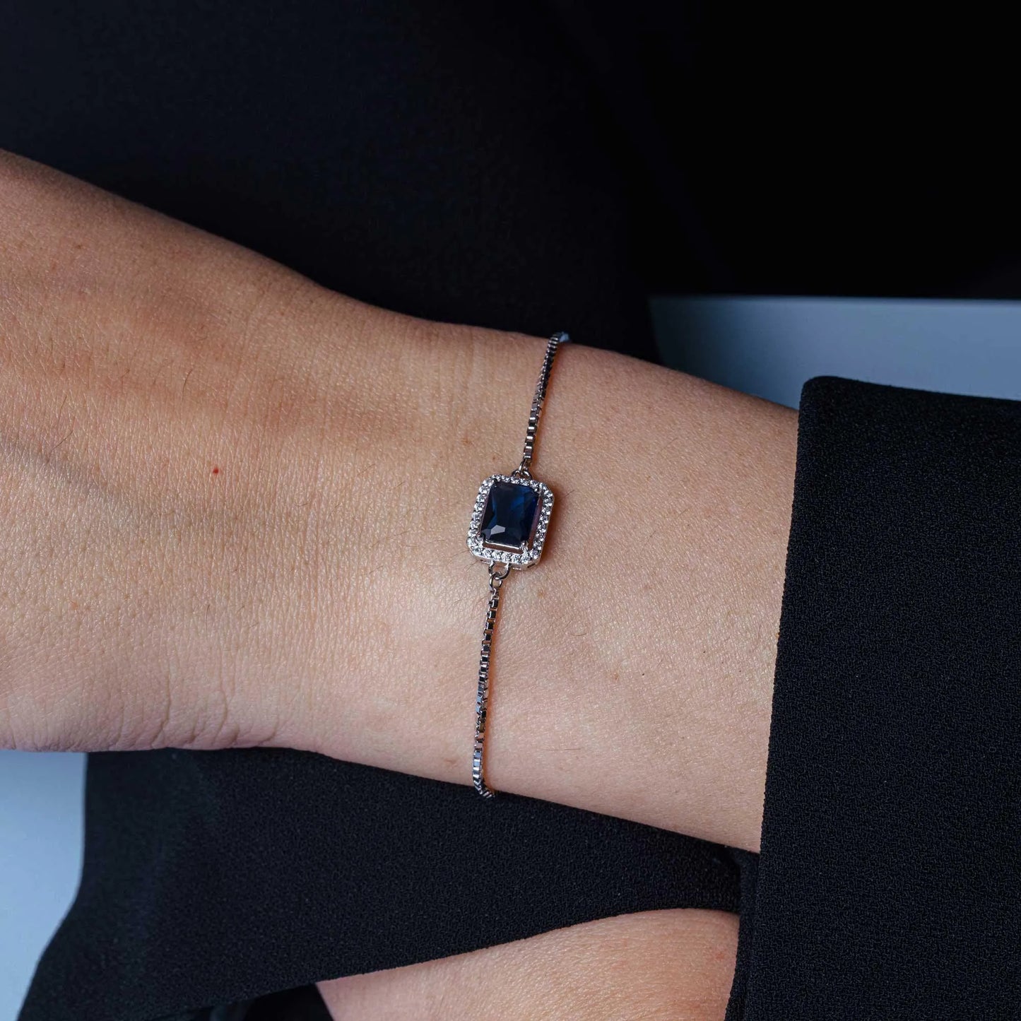 925 Sterling Silver Rhodium Plated Round Blue and Clear CZ Rectangle Adjustable Bracelet