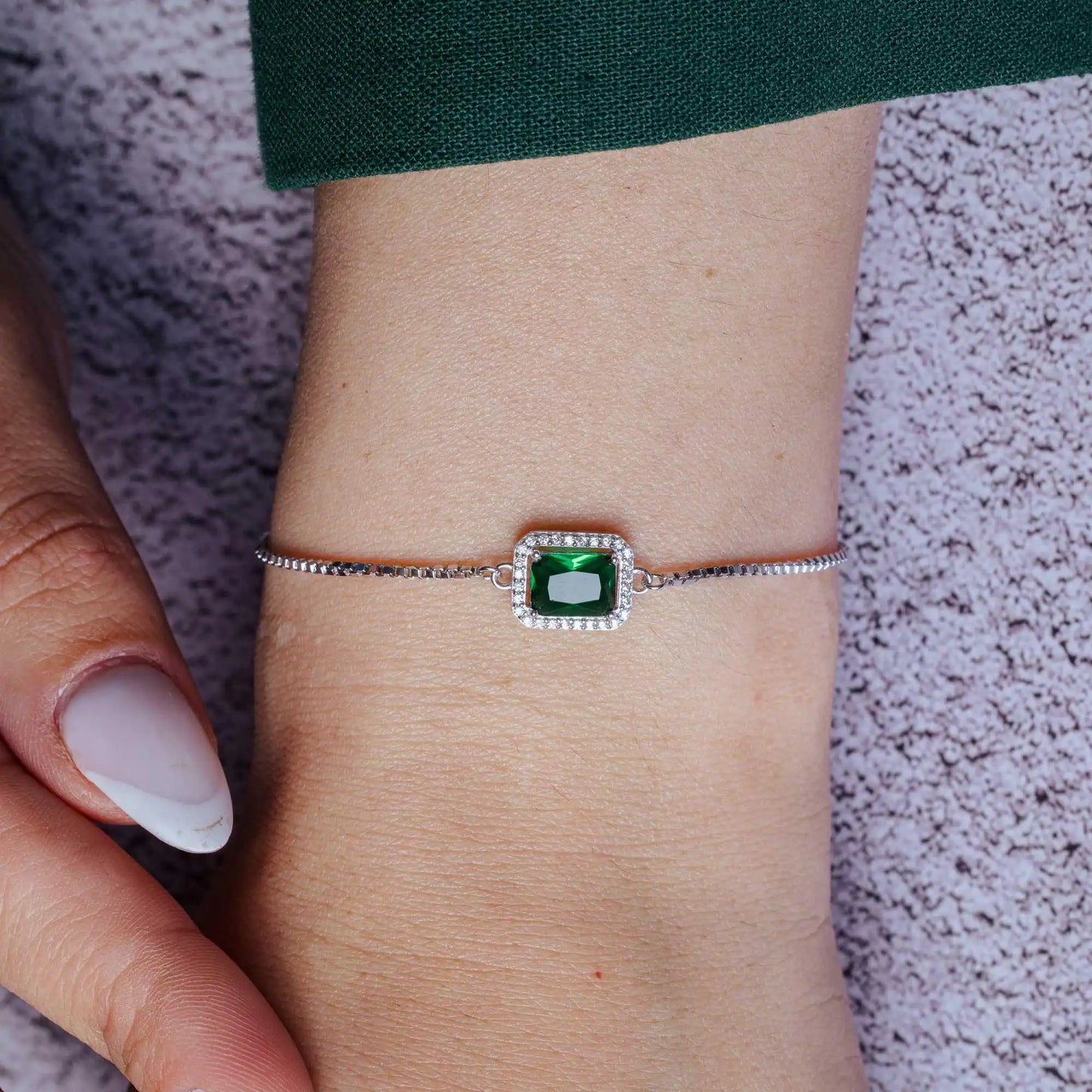 925 Sterling Silver Rhodium Plated Round Green and Clear CZ Rectangle Adjustable Bracelets