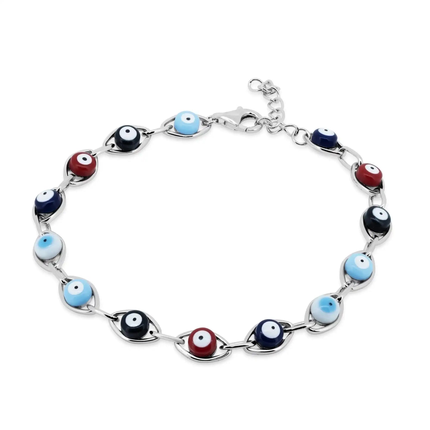 925 Sterling Silver Rhodium Plated Multicolor Evil Eye Bracelet