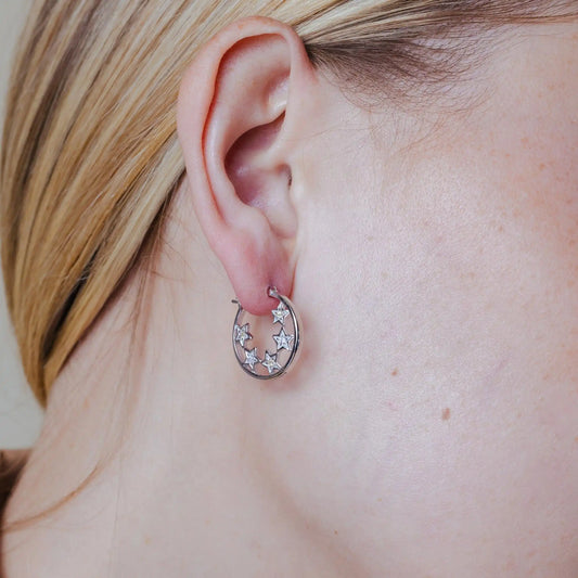 925 Sterling Silver Rhodium Plated CZ Hoop Star Earrings