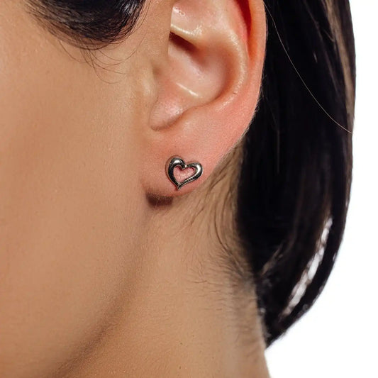 925 Sterling Silver Rhodium Plated Open Hear Stud Earrings