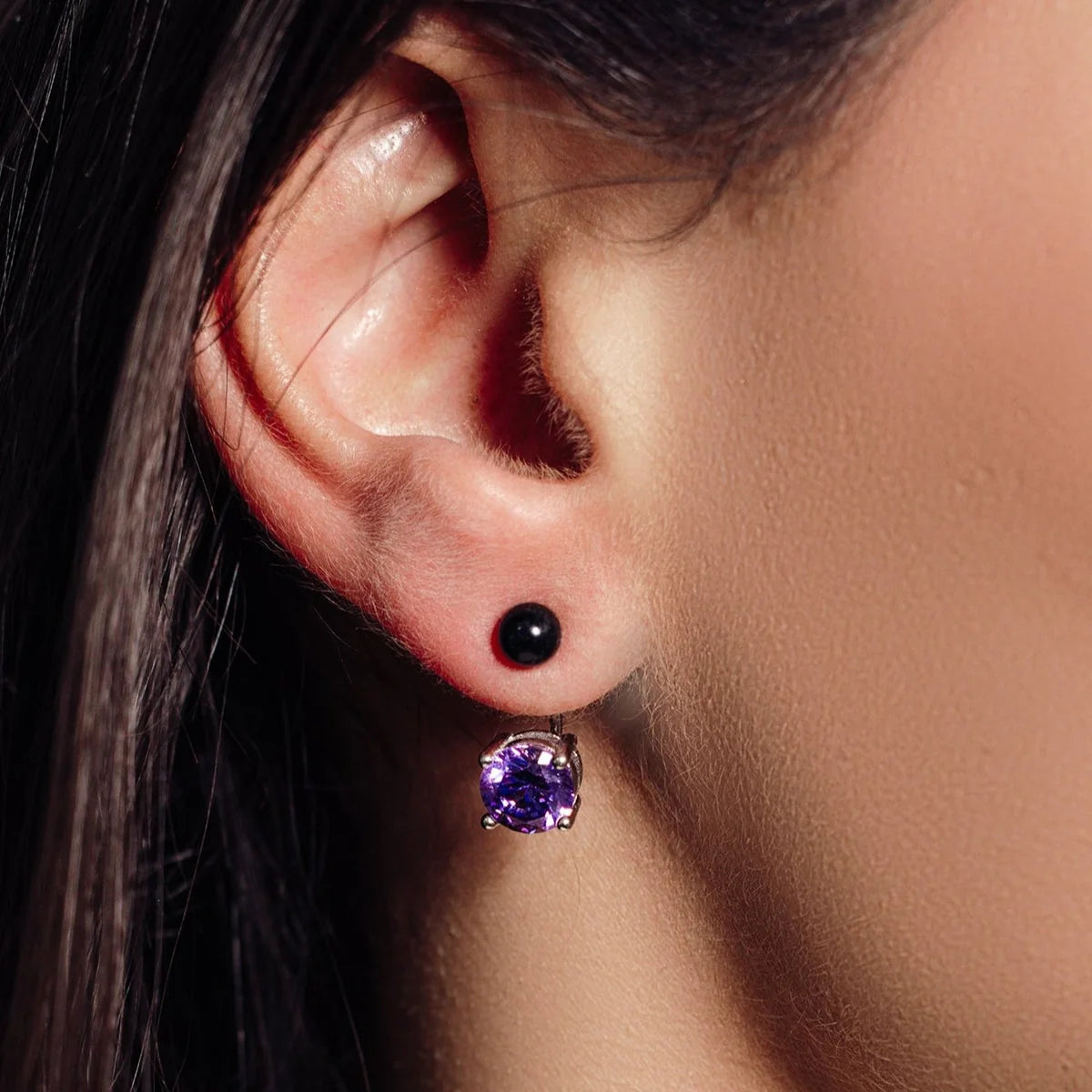 925 Sterling Silver Rhodium Plated Birthstone Black Synthetic Pearl Purple CZ Front and Back Earrings