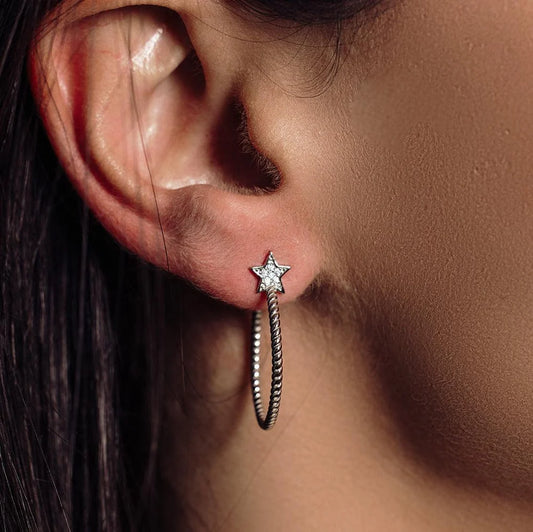 925 Silver Rhodium Plated Rope Designed Semi Hoop Earrings on a CZ Star