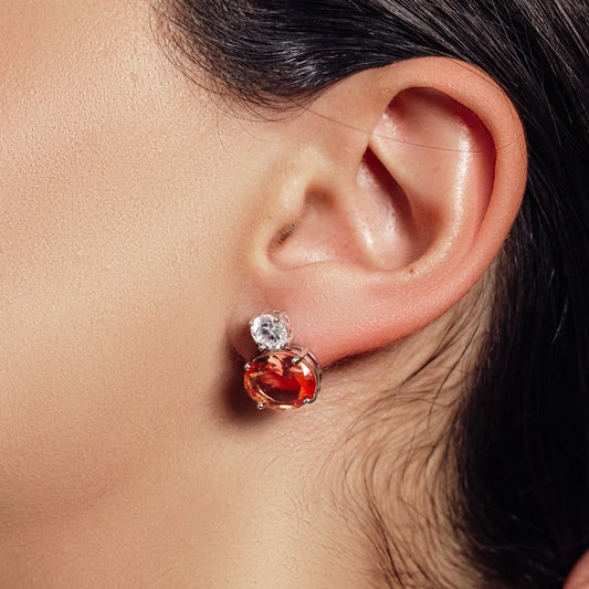 Rhodium Plated 925 Sterling Silver Drop Clear and Peach CZ Stud Earrings