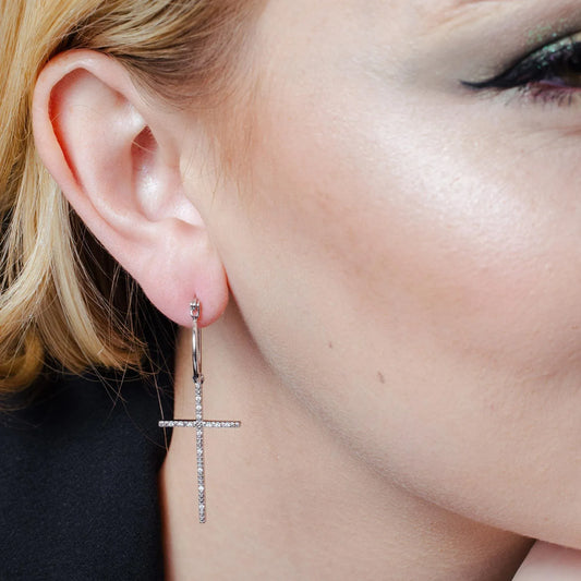 925 Sterling Silver Rhodium Plated Cross CZ Dangling hoop Earring