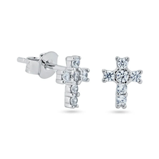925 Sterling Silver Rhodium Plated Clear CZ Cross Earring