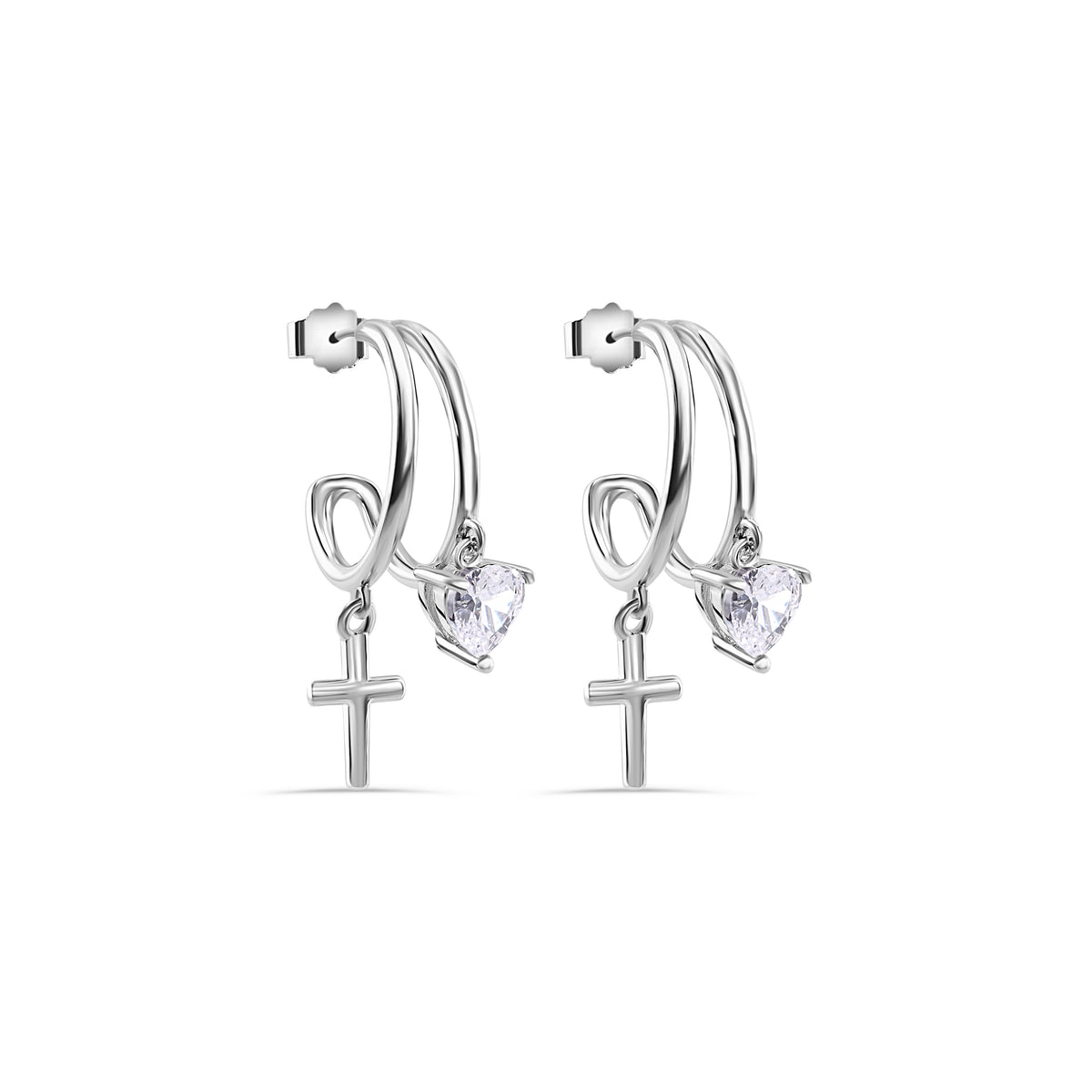 925 Sterling Silver Rhodium Plated Heart and Cross Hoop Earring