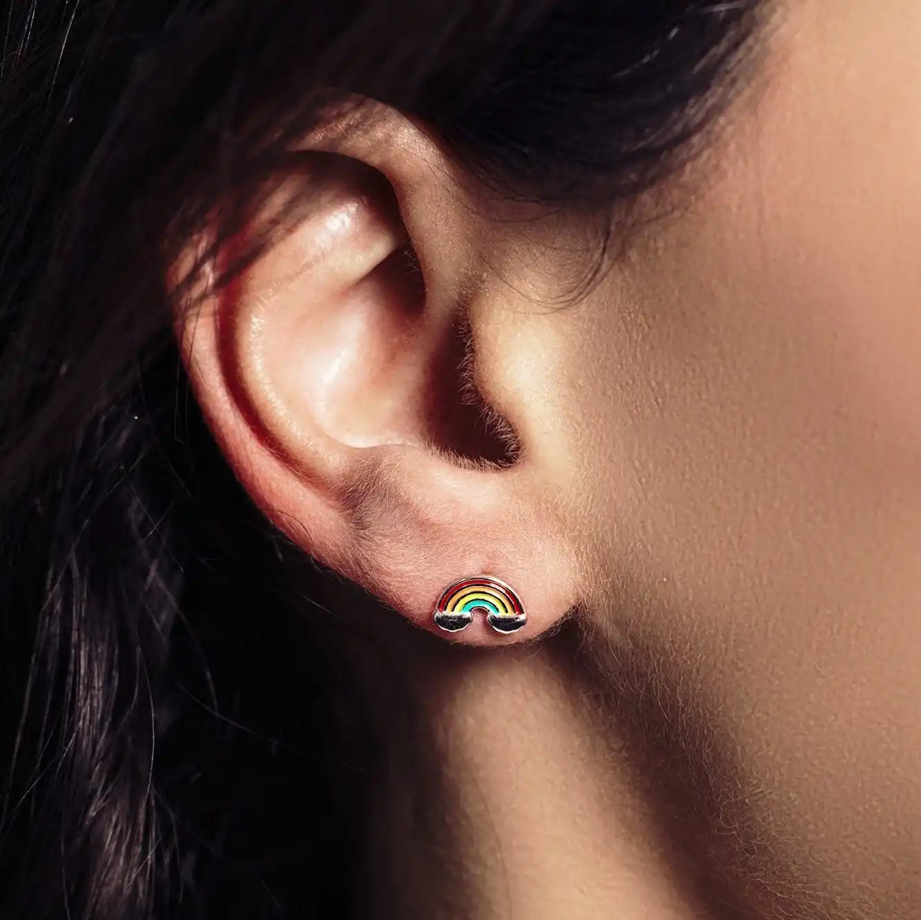 925 Sterling Silver Rhodium Plated Enamel Rainbow Clouds Stud Earring