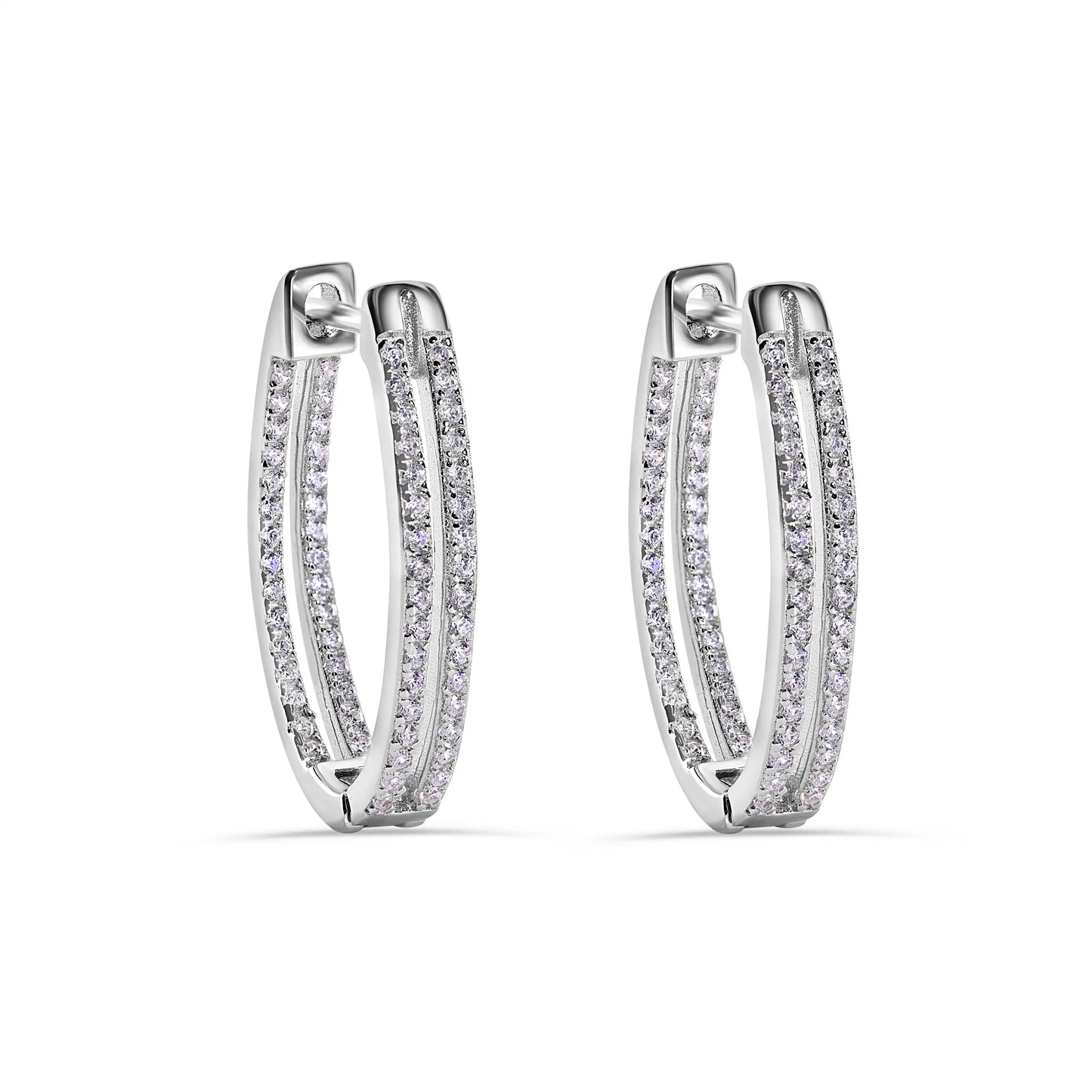 925 Sterling Silver Rhodium Plated Pave Double Clear CZ Hoop Earring
