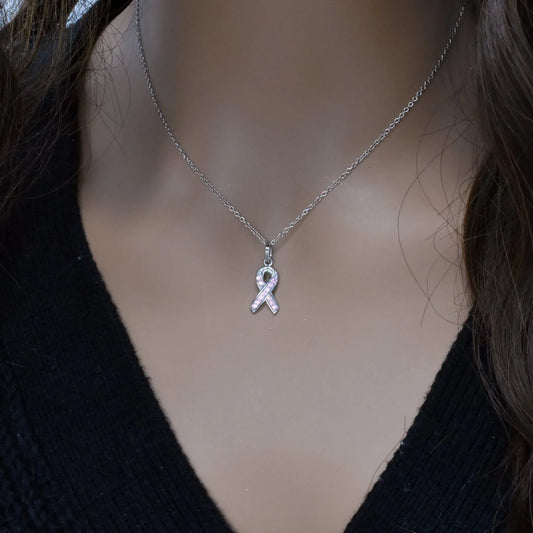 925 Sterling Silver Pink CZ Rhodium Plated Ribbon Pendant Necklace