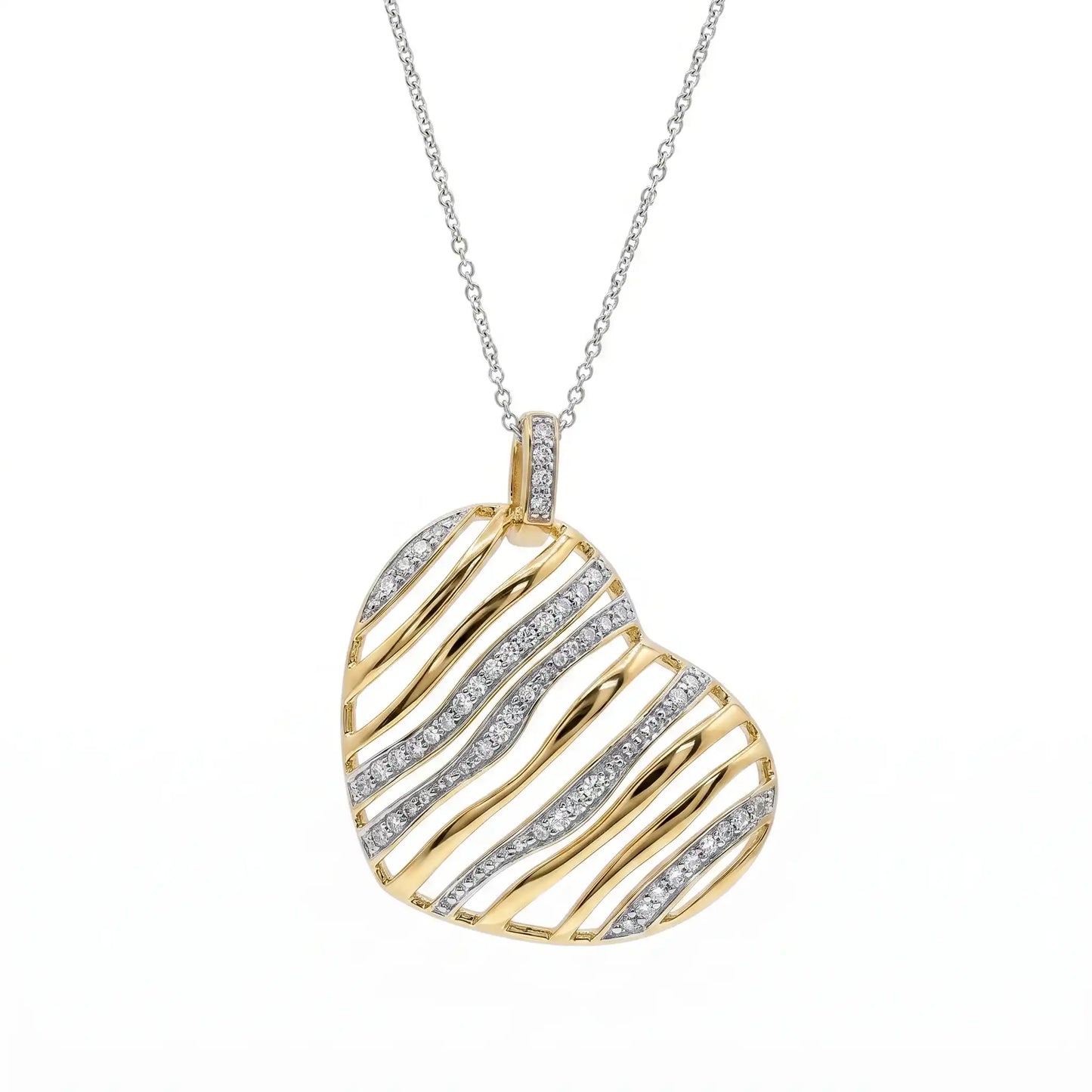 925 Sterling Silver Clearance-Two Tone CZ Waved Heart Pendant Necklace
