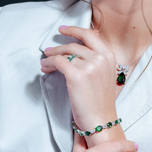 925 Sterling Silver Rhodium Plated Green Bar CZ Link Ring