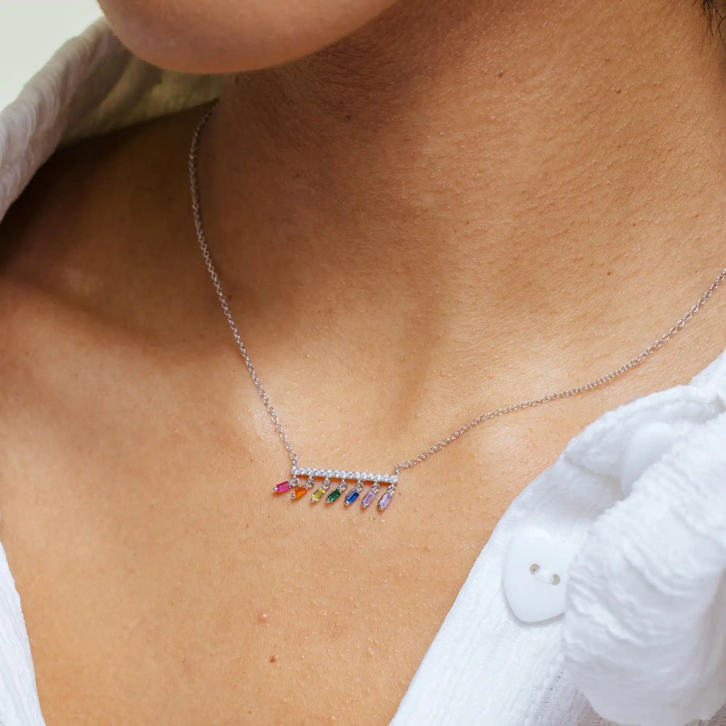925 Sterling Silver Rhodium Plated Multi Color Dangling CZ Necklace