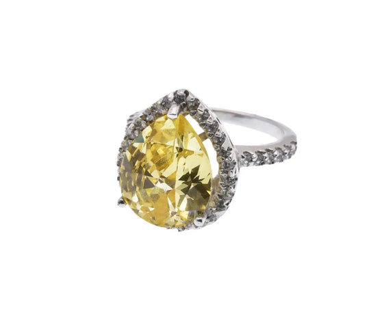 925 Sterling Silver Rhodium Plated Yellow Center Clear Cluster CZ Ring