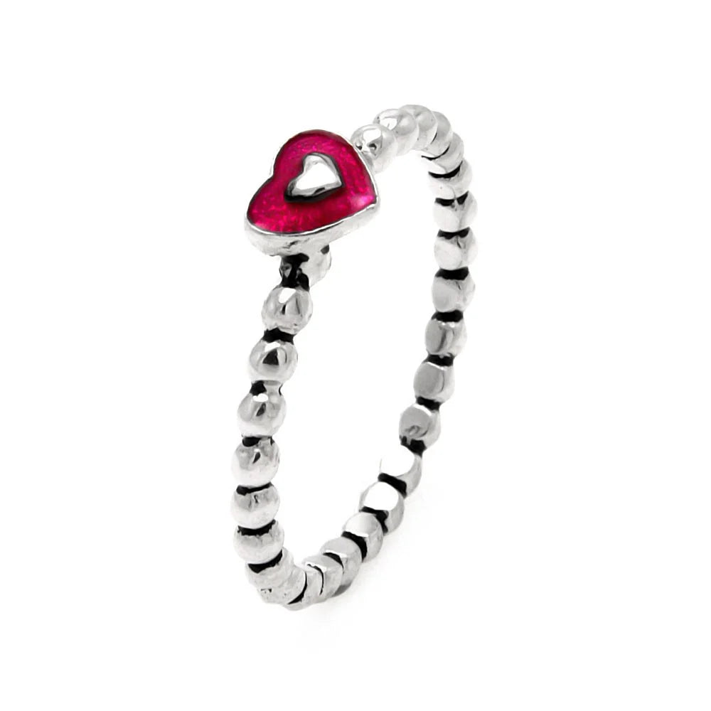 925 Sterling Silver Nickel Free Black and Rhodium Plated Pink Heart Beaded Band Ring