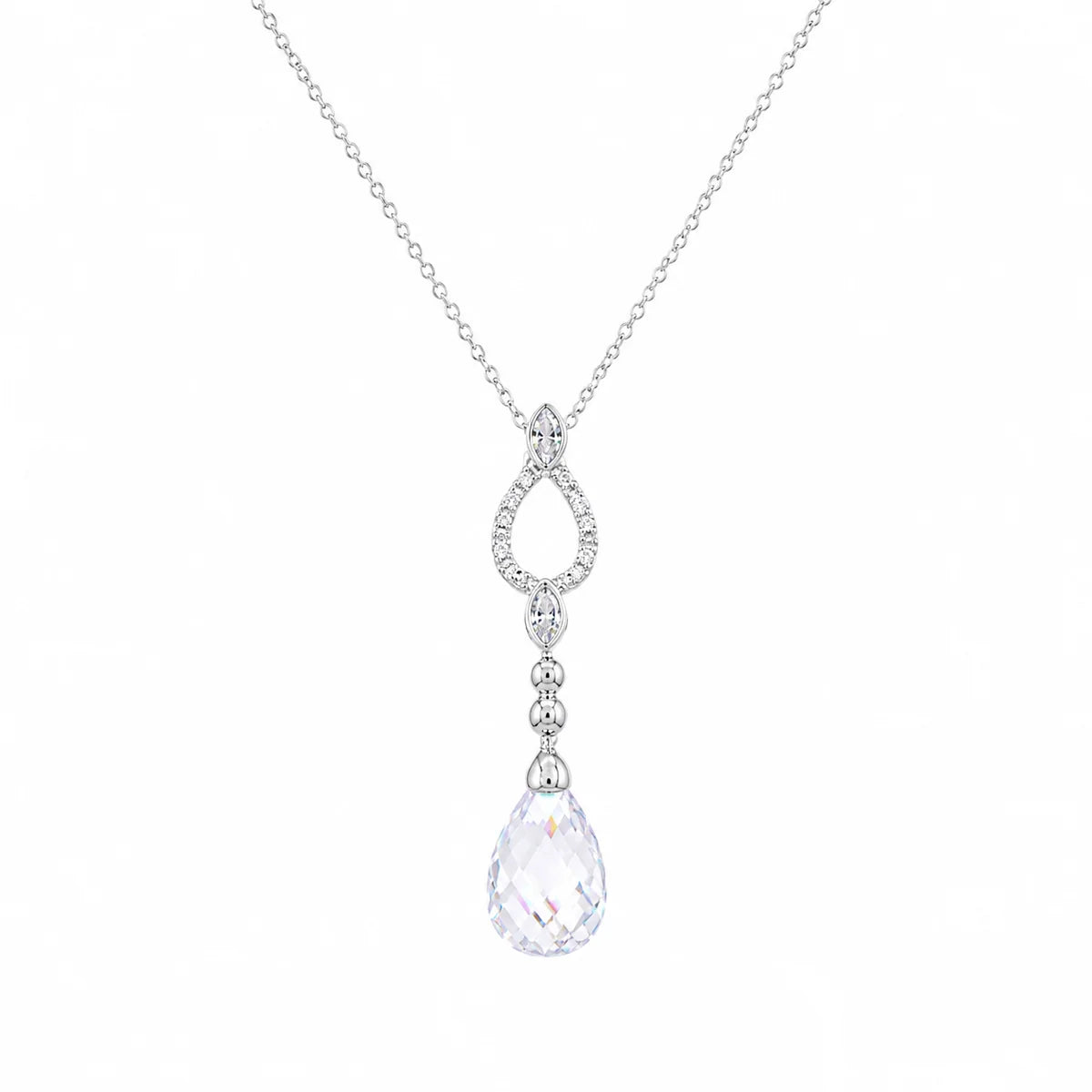 925 Silver Rhodium Plated Open Teardrop CZ Dangling Stud Earring and Necklace Bridal Set