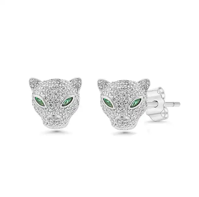 925 Sterling Silver Rhodium Plated Panther Emerald Eye Clear CZ Set