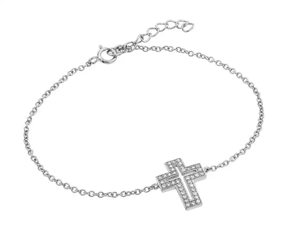 925 Sterling Silver Rhodium Plated Clear Open Cross CZ Bracelet