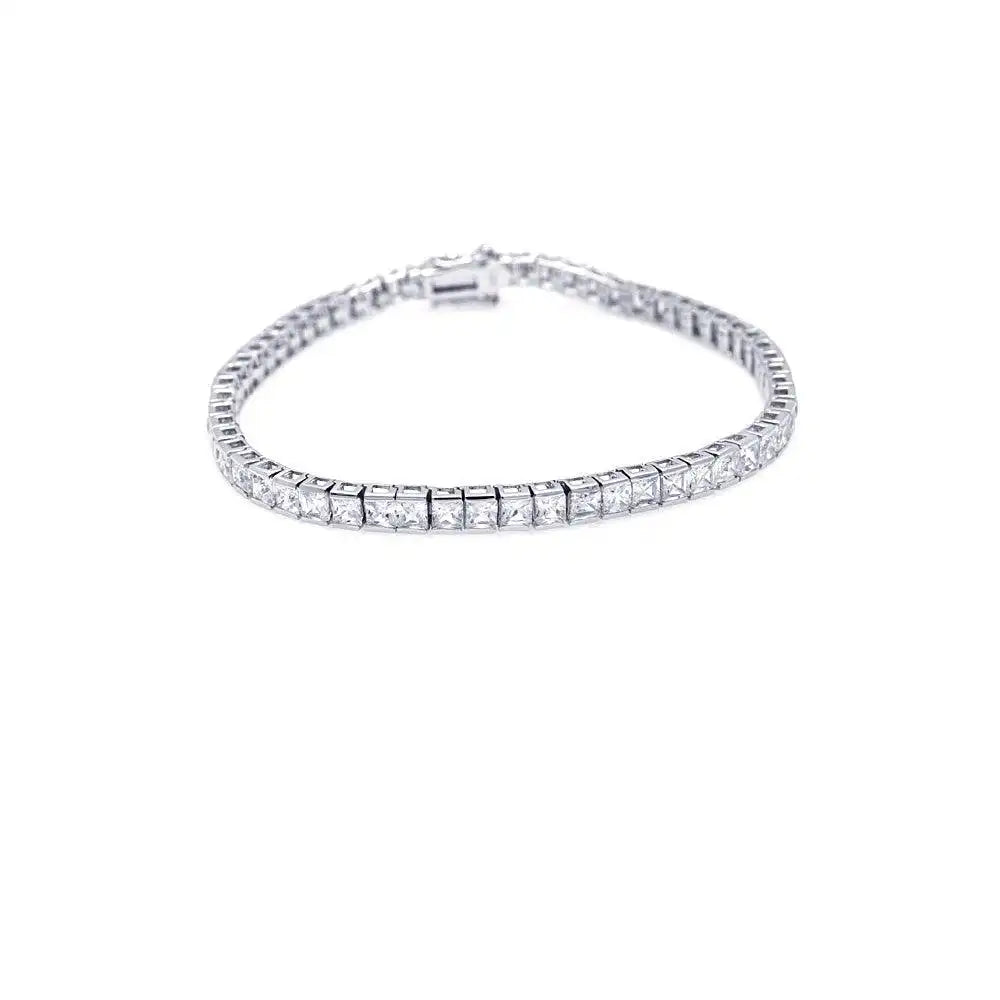 925 Sterling Silver Rhodium Plated Square Clear CZ Tennis Bracelet