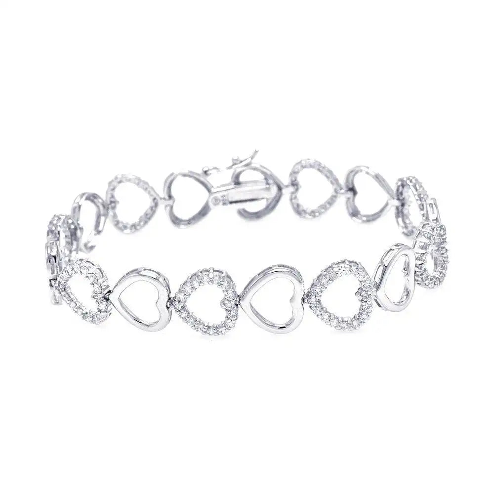 925 Sterling Silver Rhodium Plated Open Heart Clear CZ Bracelet