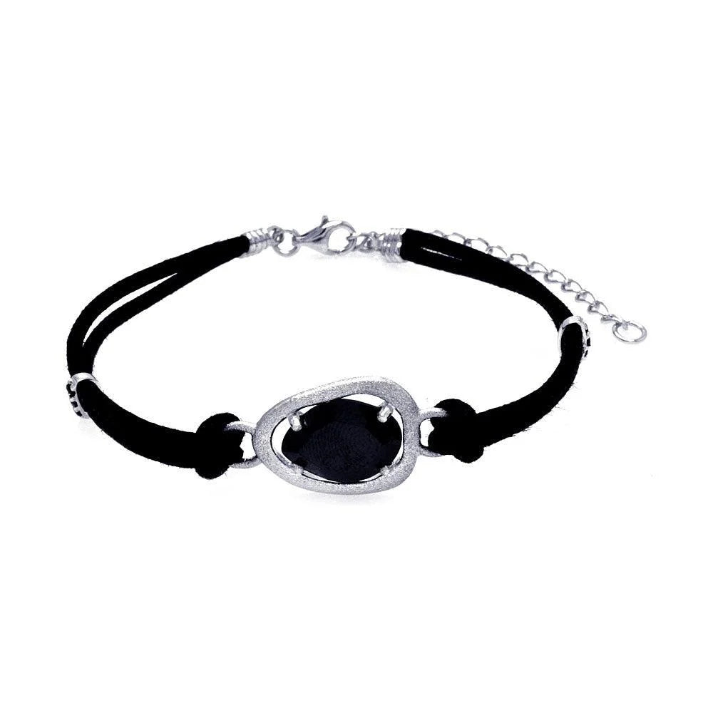 925 Silver Clearance-Rhodium Plated Black CZ Black Leather Cord Bracelet