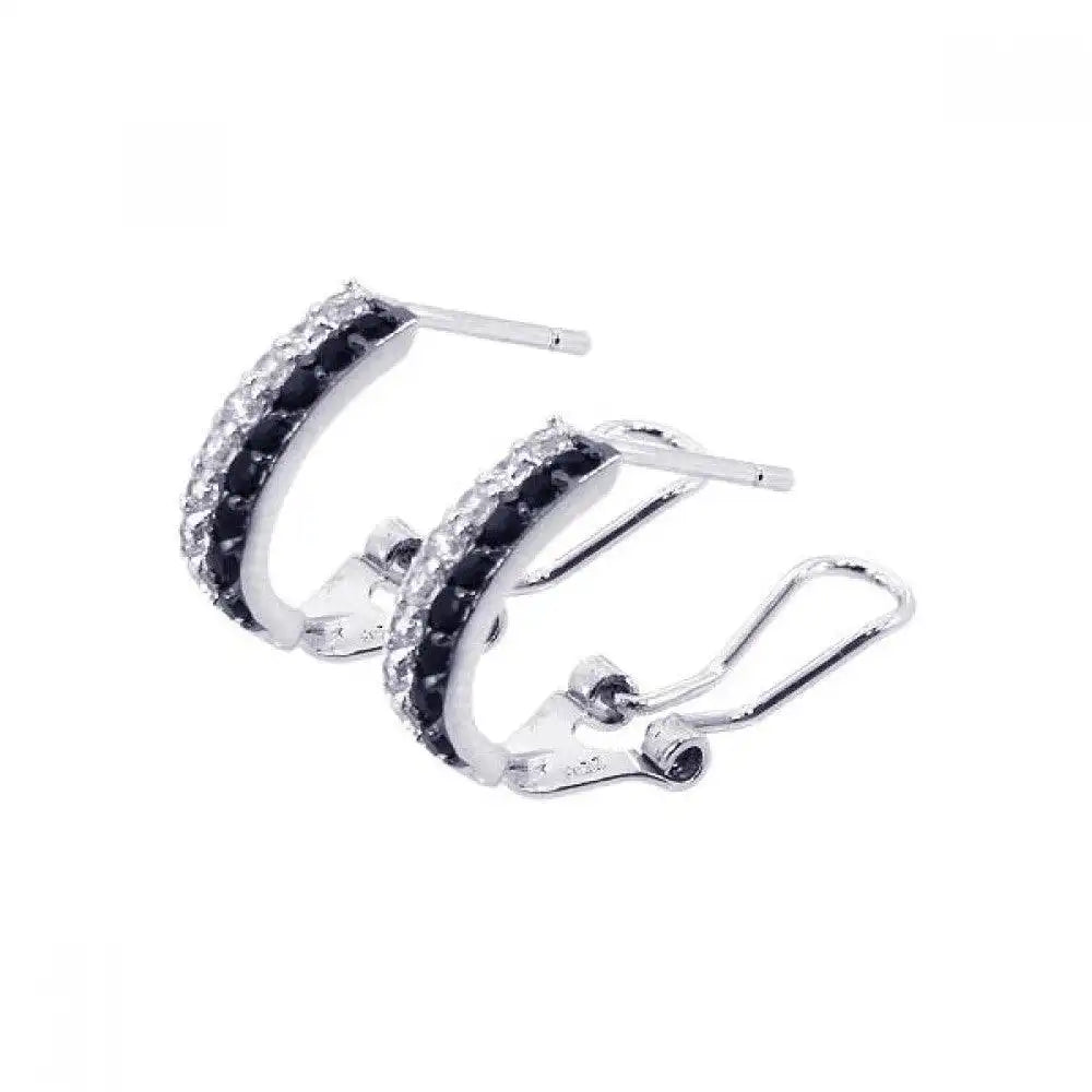 925 Sterling Silver Rhodium Plated Black and Clear Crescent CZ Hoop Earrings