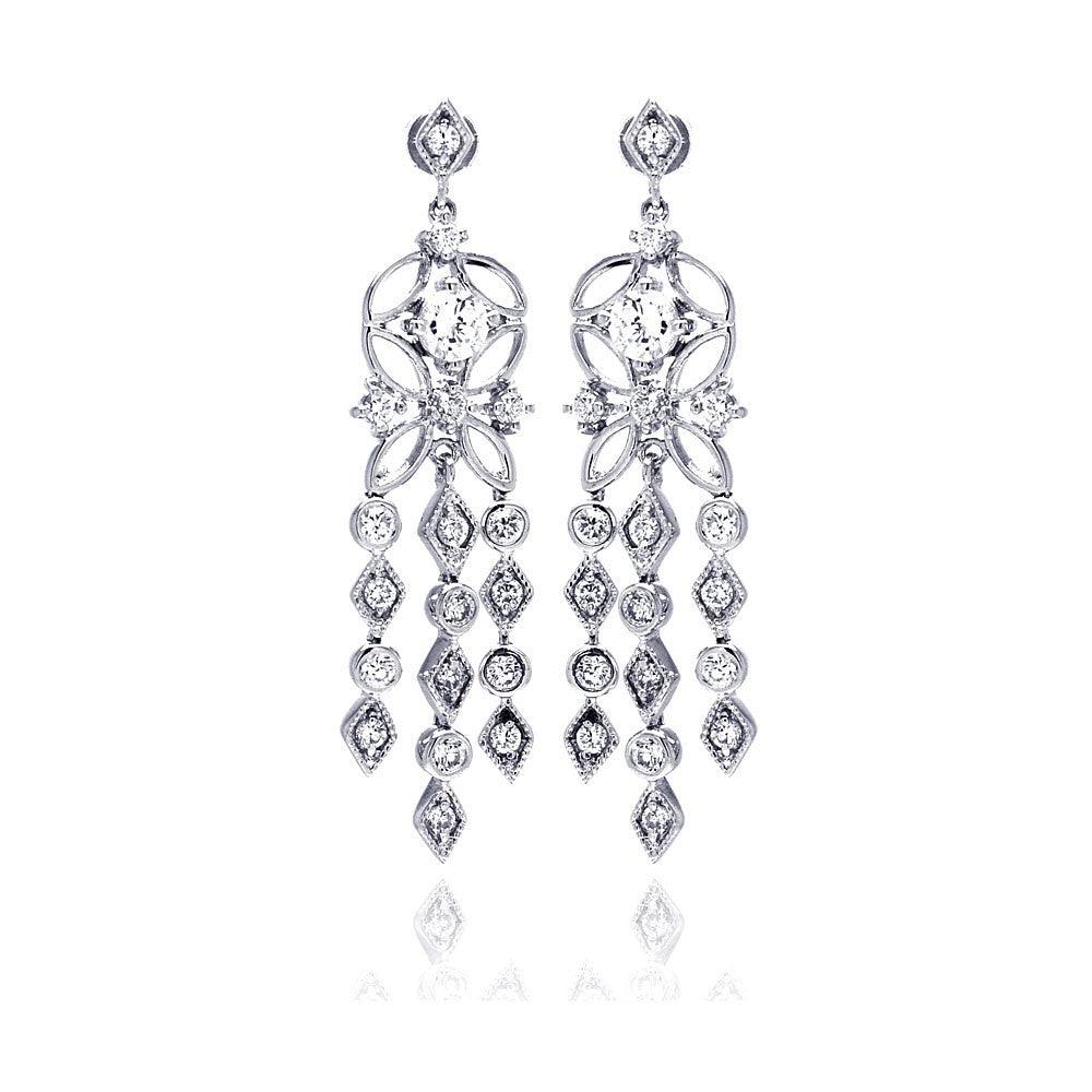 925 Silver Rhodium Plated Star Round Marquis CZ Three Strand Dangling Stud Chandelier Earrings