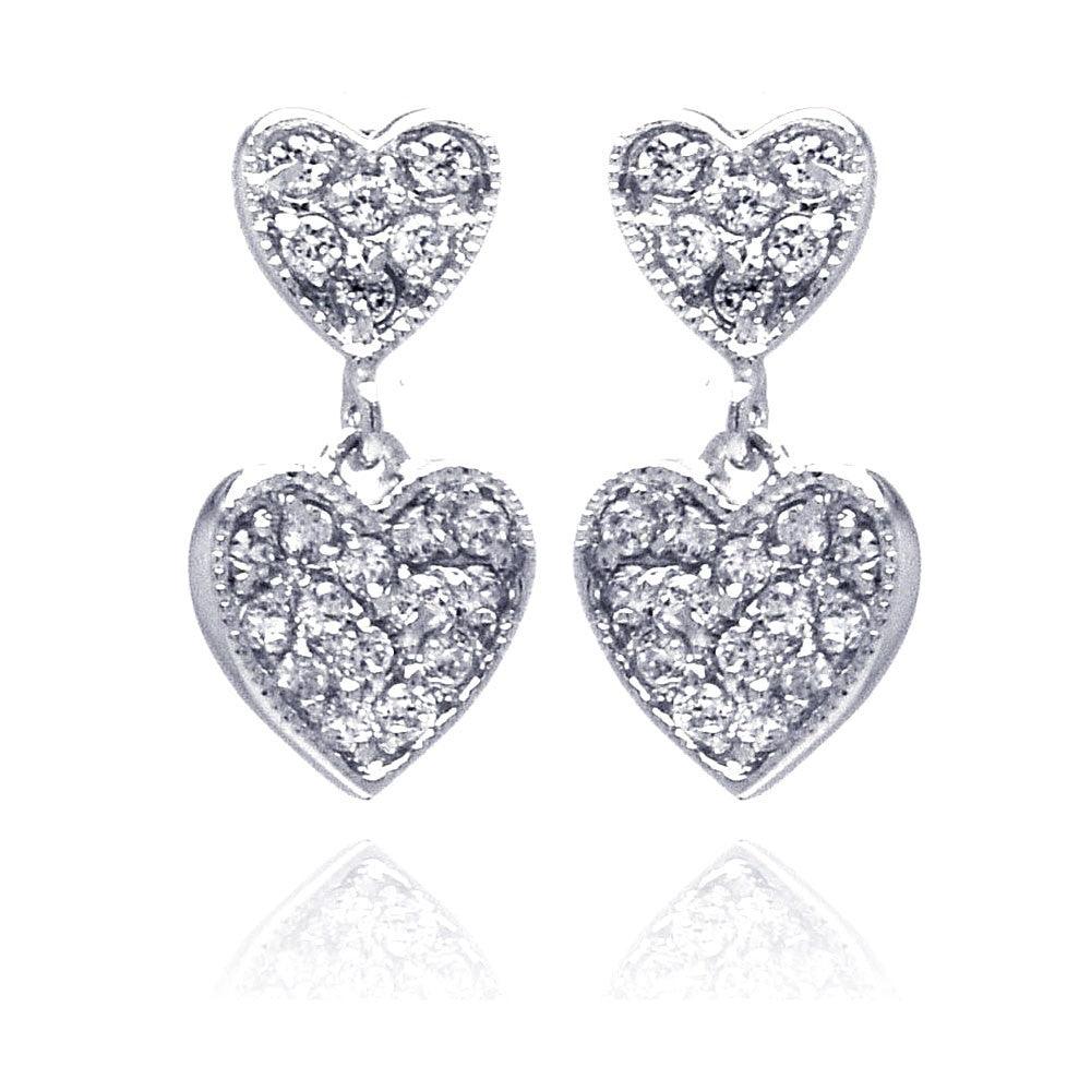 925 Silver Rhodium Plated Graduated Two Heart CZ Inlay Dangling Stud Earrings