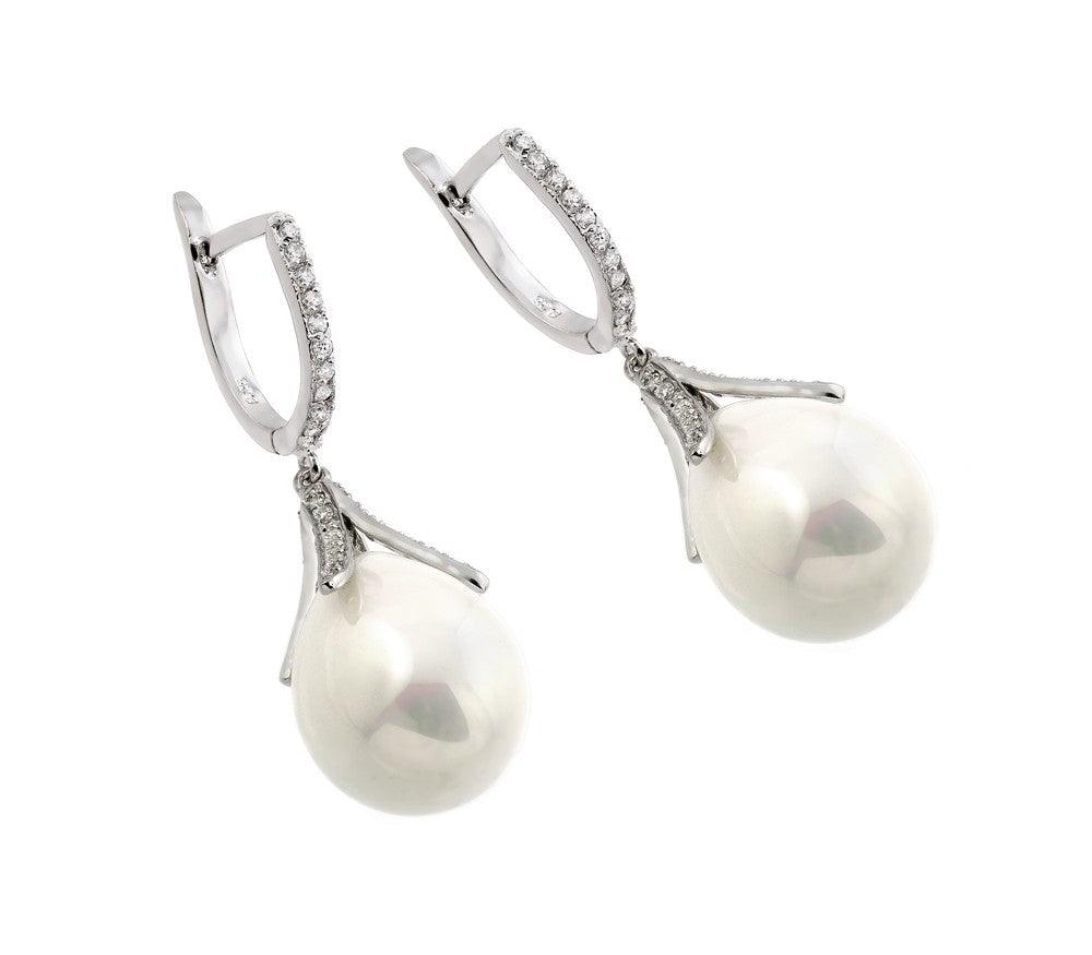 925 Silver Rhodium Plated Channel CZ Synthetic Pearl Lever Back Earrings