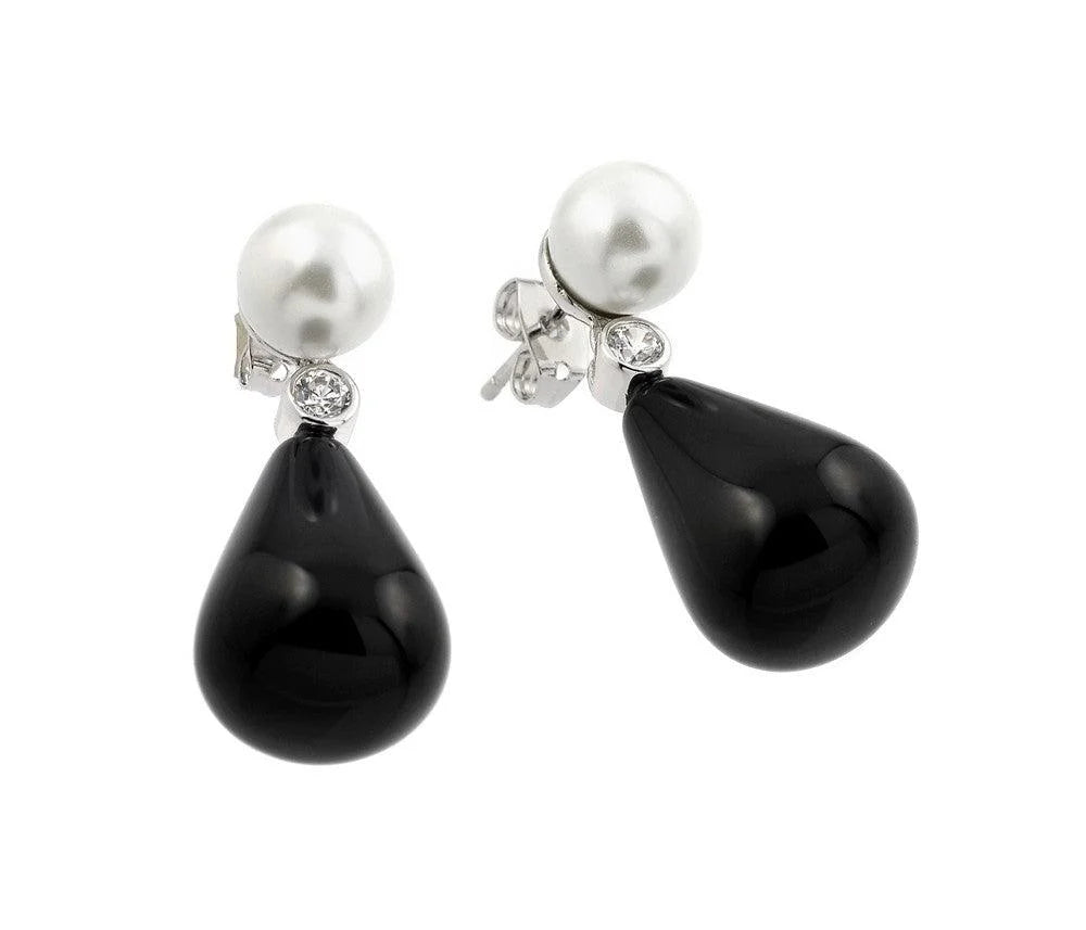 925 Silver Rhodium Plated Black Synthetic Pearl Small Round CZ Stud Earrings