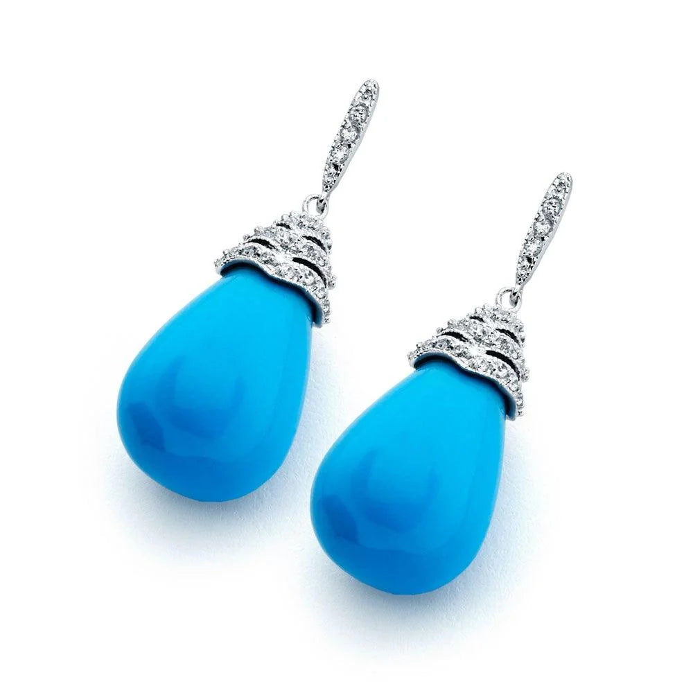 925 Silver Rhodium Plated Pear Teardrop Turquoise CZ Dangling Stud Earrings