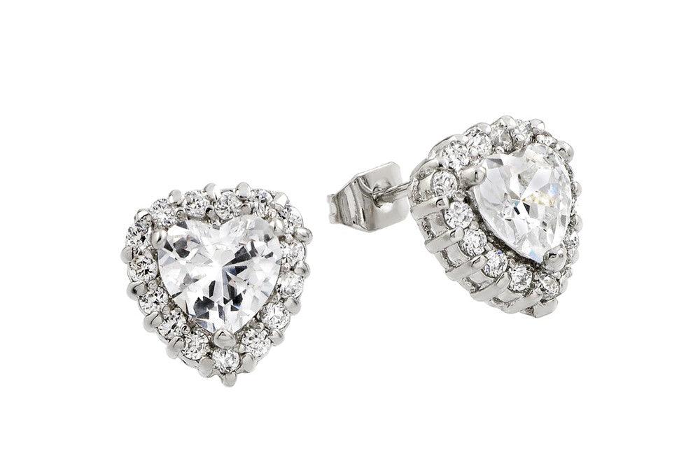 925 Silver Rhodium Plated Clear Heart CZ Stud Earrings