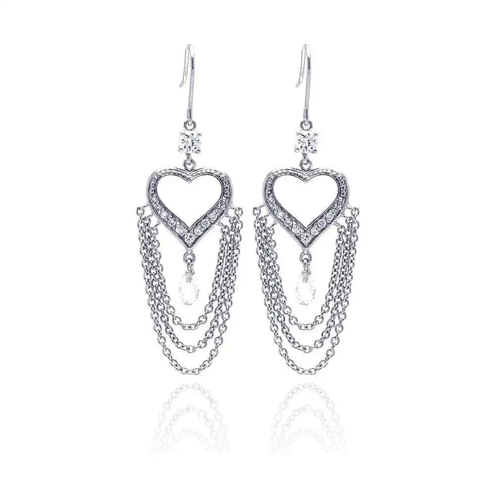 925 Sterling Silver Clearance Rhodium Plated Heart Shape Chandelier CZ Wire Dangling Hook Earrings