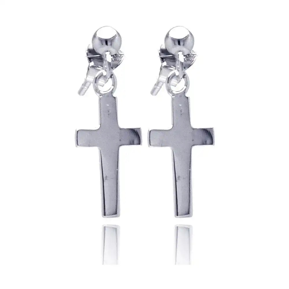 925 Sterling Silver Rhodium Plated Cross Dangling Stud Earrings