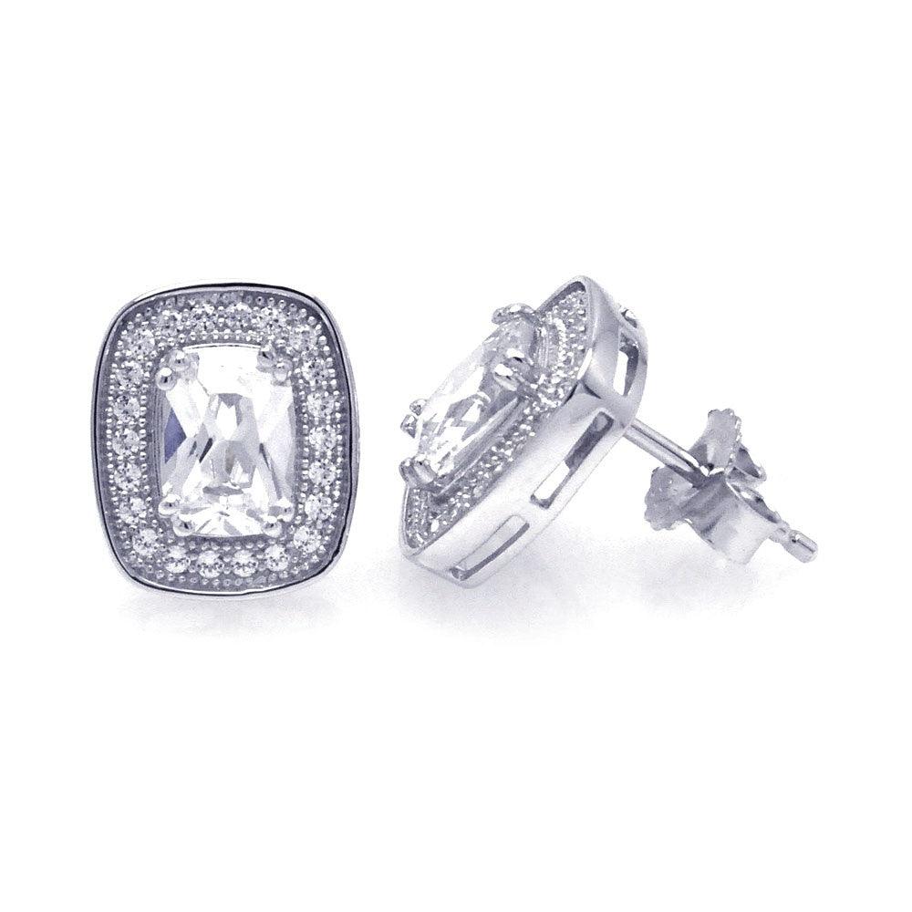925 Silver Rhodium Plated Micro Pave Clear Square Inlay CZ Earrings