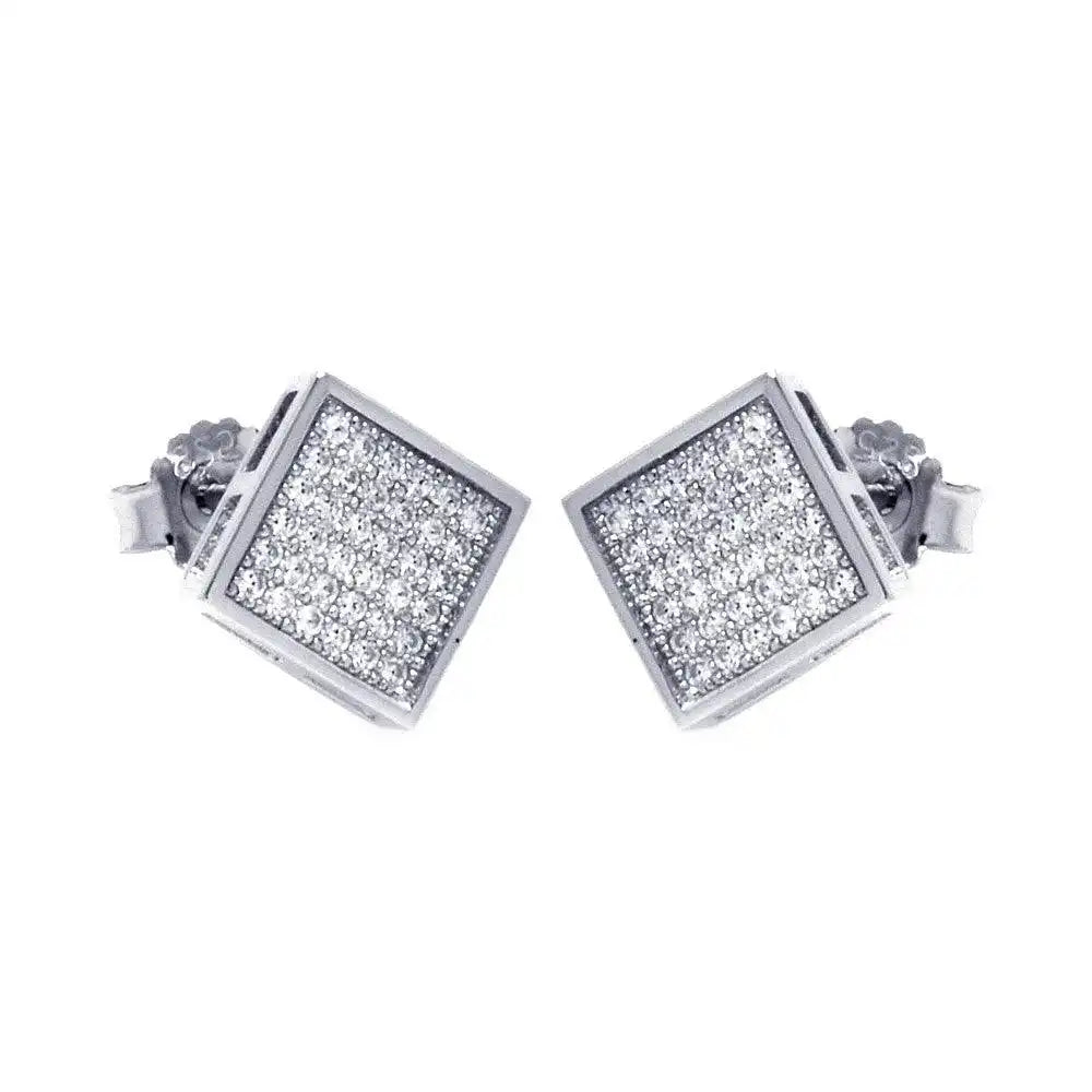 925 Sterling Silver Rhodium Plated Micro Pave Clear Square CZ Stud Earrings