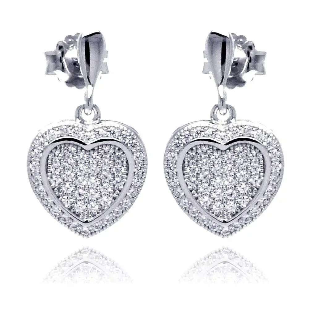 925 Sterling Silver Rhodium Plated Micro Pave Heart Clear CZ Dangling Stud Earrings