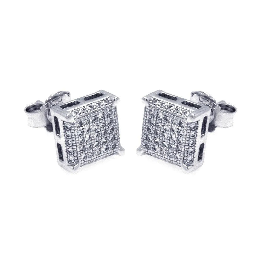 925 Sterling Silver Rhodium Plated Micro Pave Clear Square CZ Stud Earrings