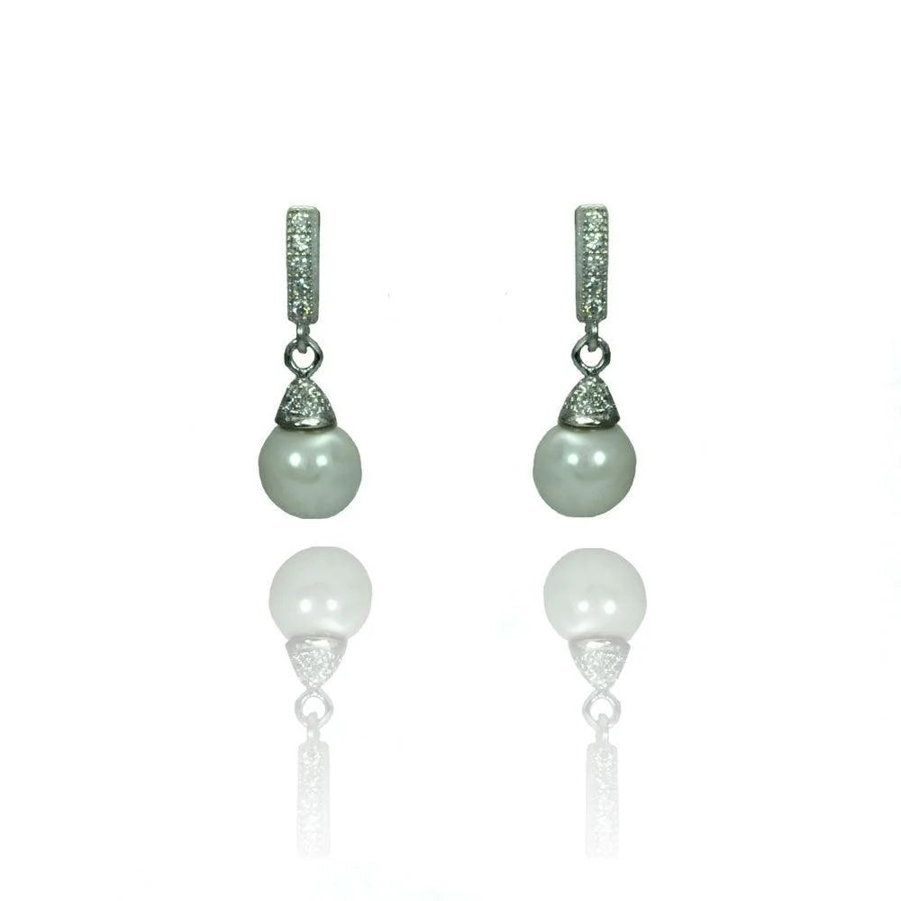 925 Silver Rhodium Plated Round Clear CZ Synthetic Pearl Dangling Stud Earrings
