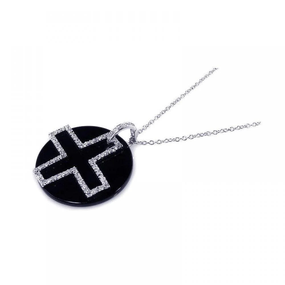 925 Silver Clearance Clear CZ and Onyx Rhodium Plated Cross Pendant Necklace