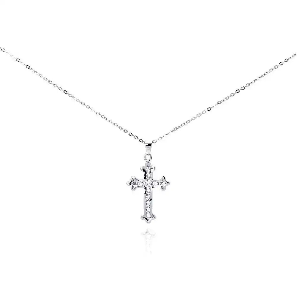 925 Sterling Silver Clear CZ Rhodium Plated Cross Pendant Necklace