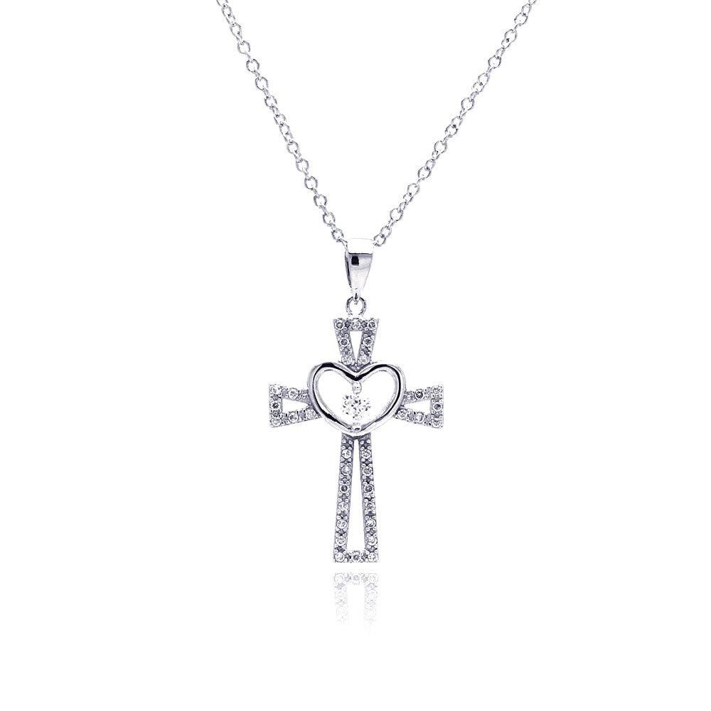 925 Silver Rhodium Plated Heart Open Cross CZ Necklace