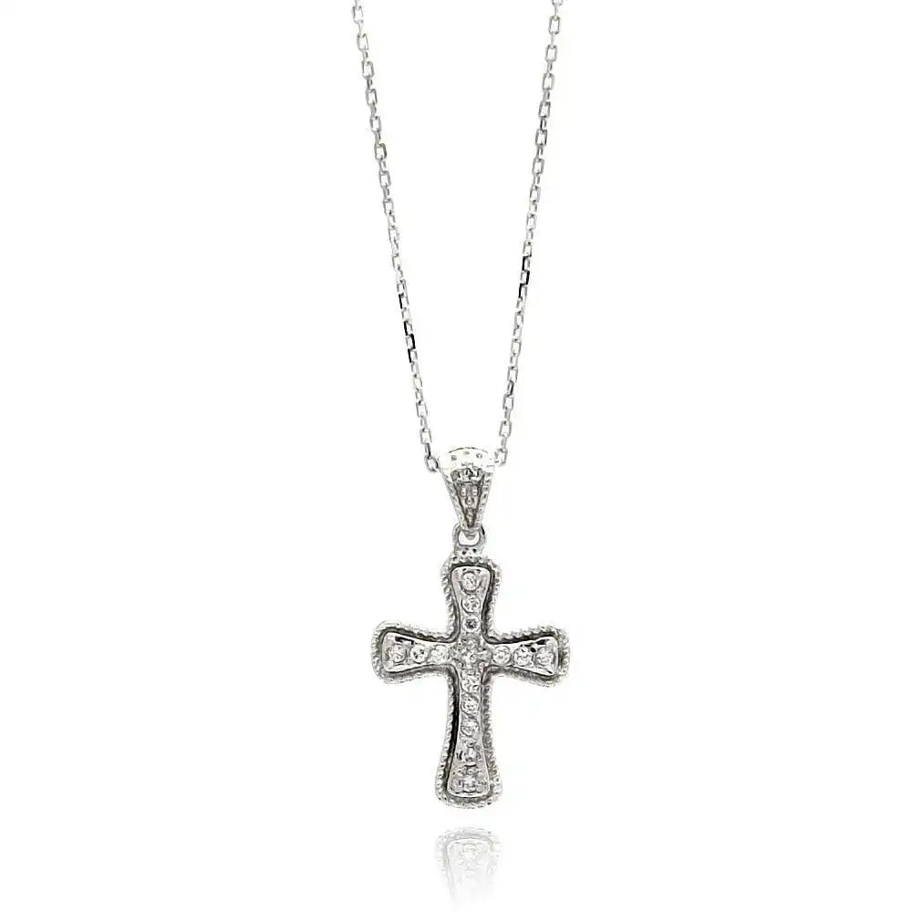 925 Sterling Silver Rhodium Plated Cross CZ Necklace